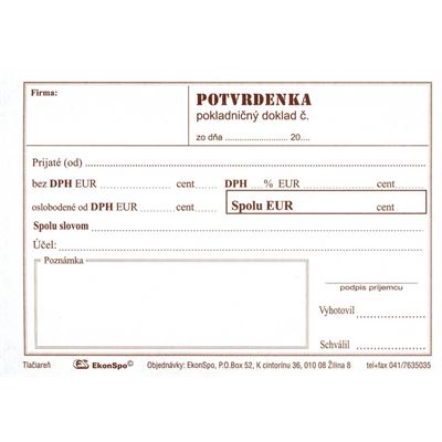 Potvrdenka - pokladničný doklad - A6 blok                                       